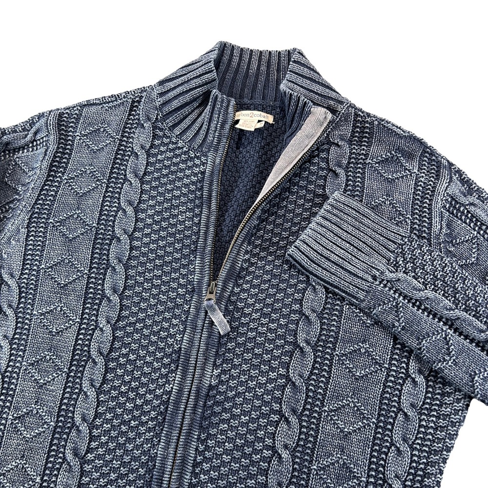 Carbon 2 Cobalt Sweater Mens Medium Blue Full Zip Cable Knit Linen Cotton Mixed